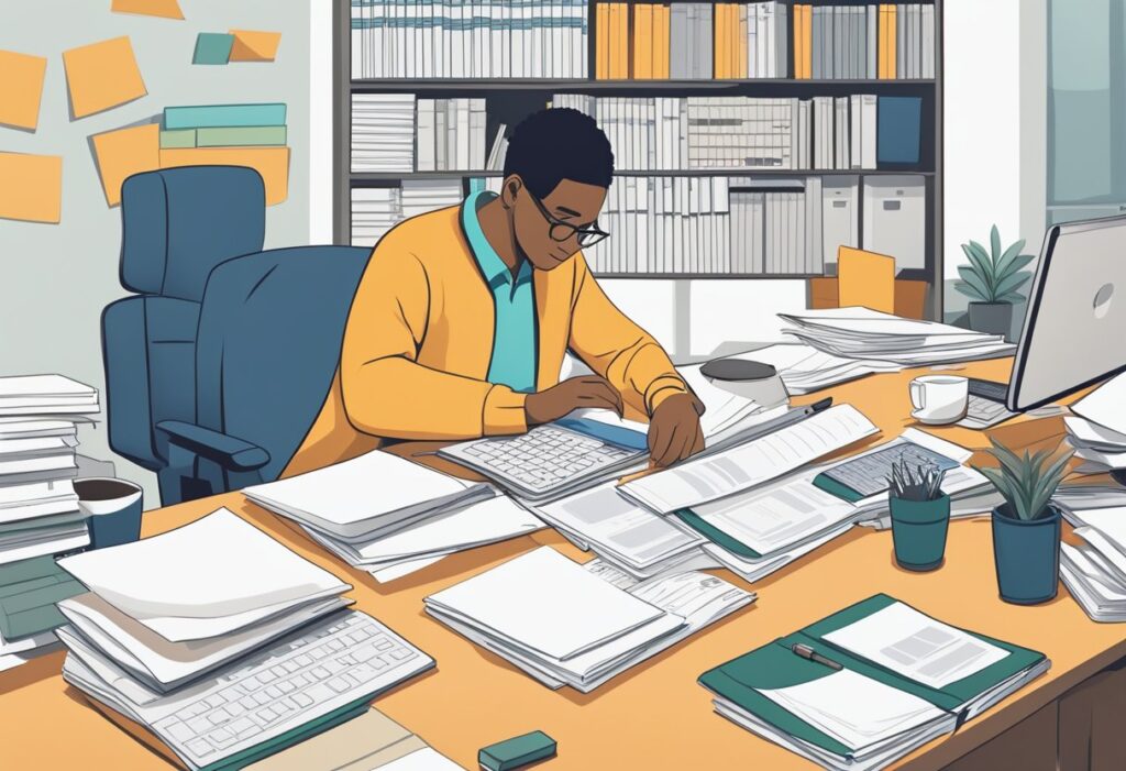 Man working intensely at a cluttered desk with papers and books.