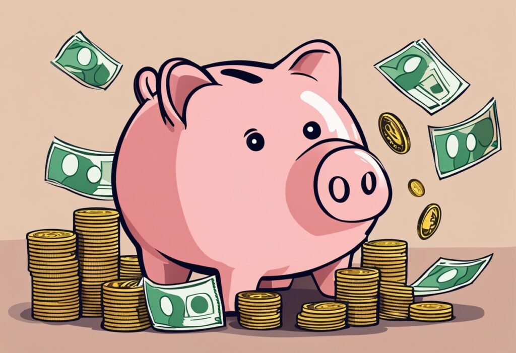 Pink piggy bank surrounded by stacks of coins and flying dollar bills.