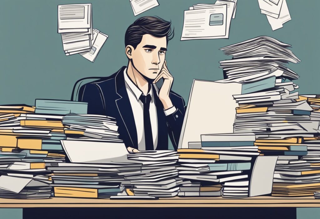 Overwhelmed businessman surrounded by stacks of paperwork at his desk.