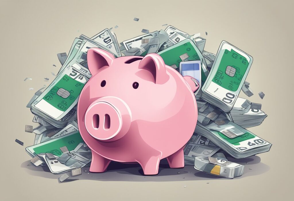 Pink piggy bank surrounded by stacks of money.