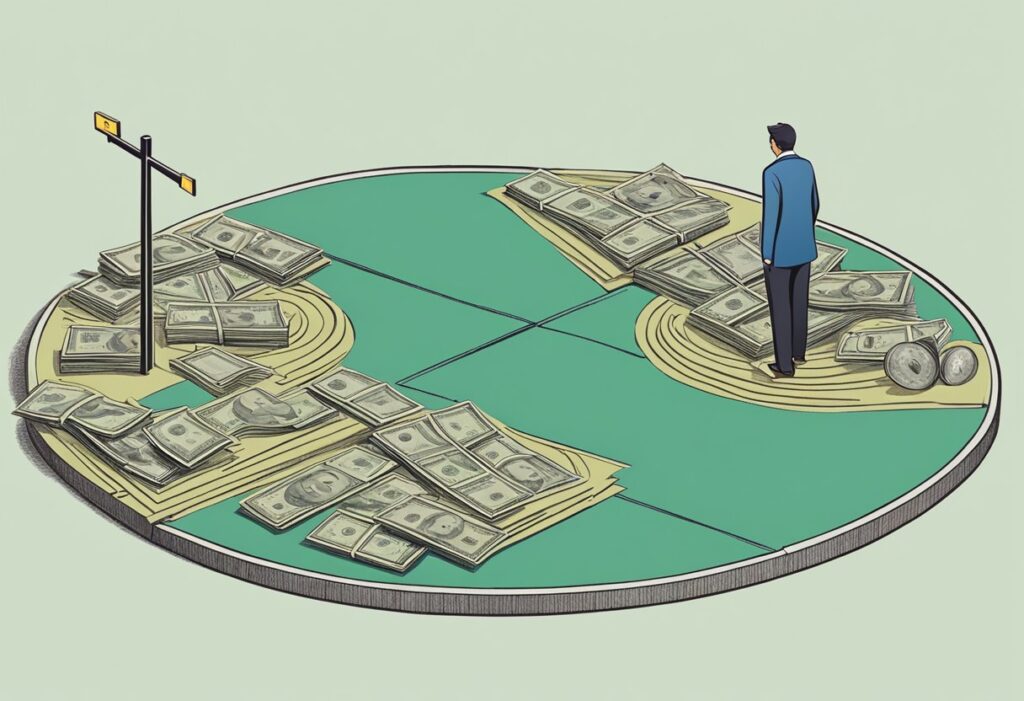Person standing on a pie chart made of money slices.