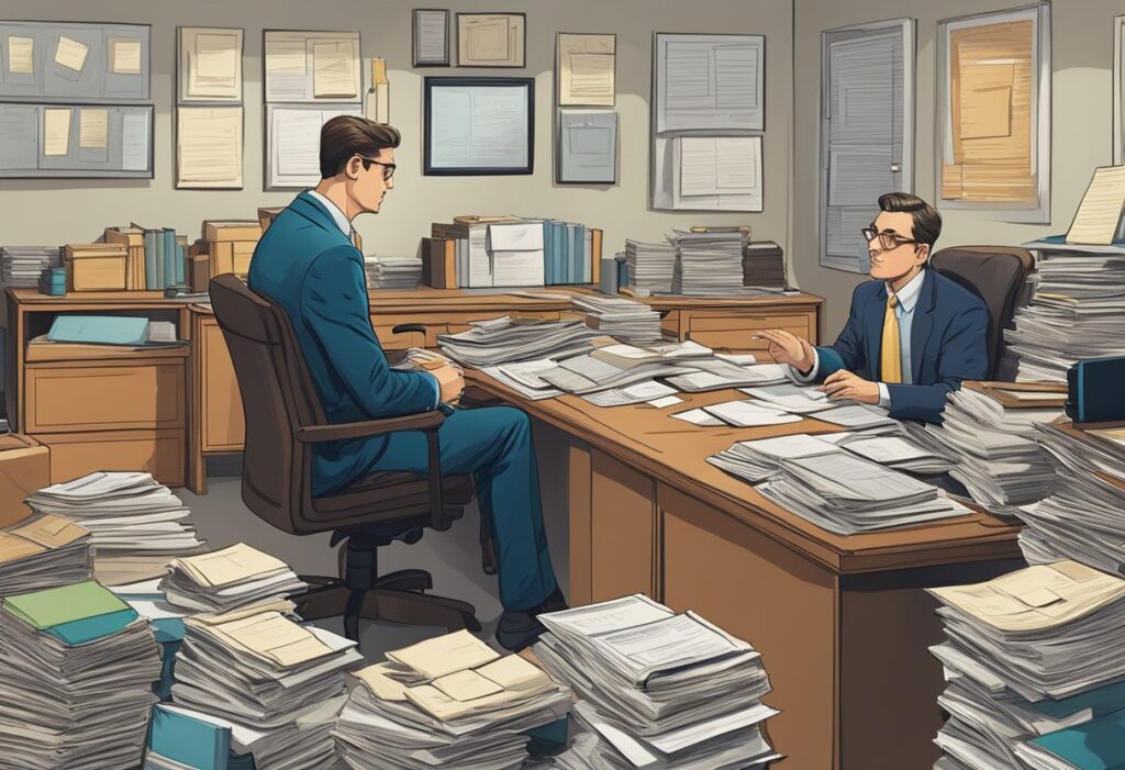 Two men in a cluttered office filled with stacks of papers and documents.