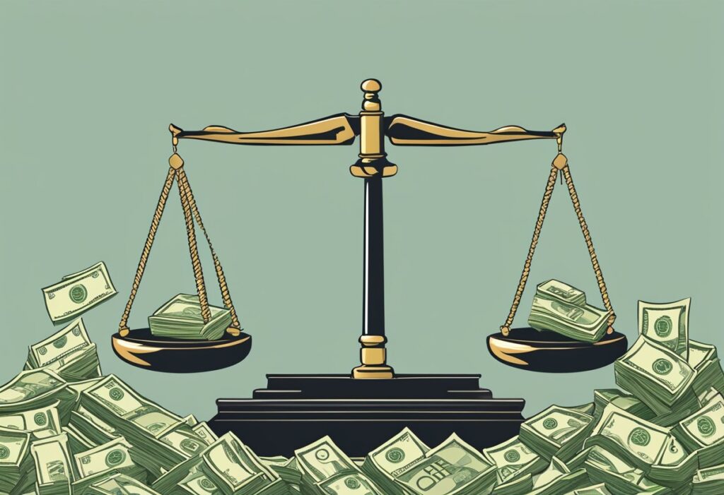 A balance scale with piles of money on each side and more cash beneath it.