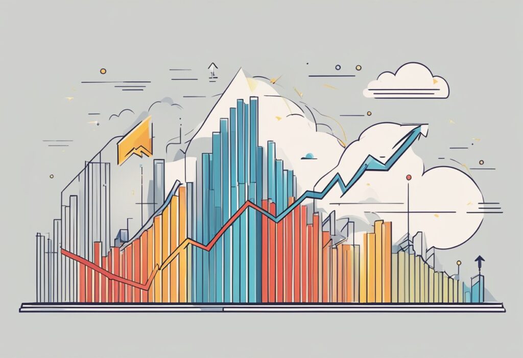 Colorful bar and line graphs illustrating financial growth against a city skyline.