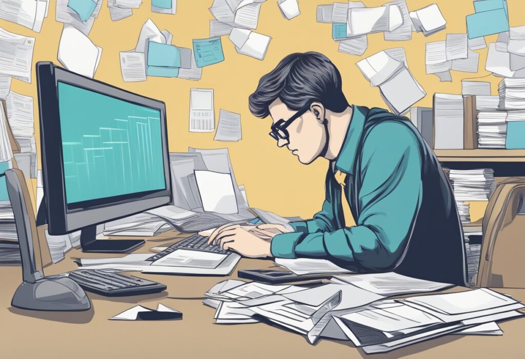 A man intensely working with papers and a computer in a cluttered office.