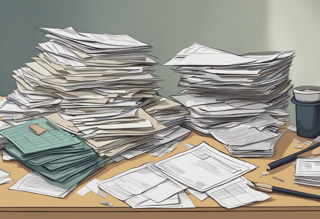 Large piles of disorganized papers on a desk.