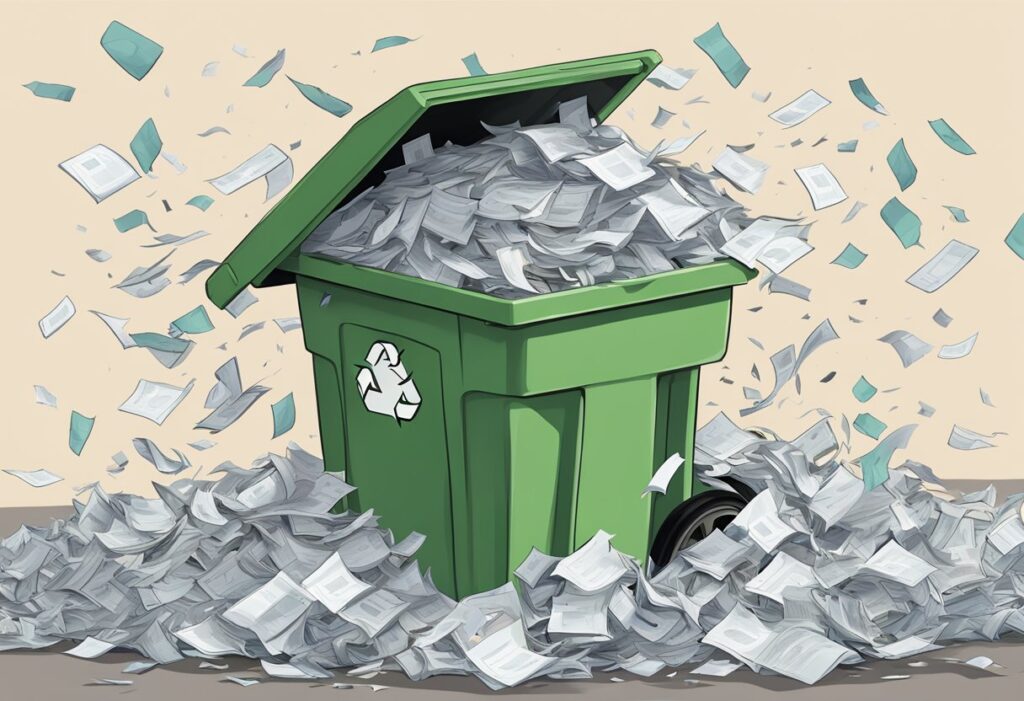 Overflowing recycling bin with paper scattered everywhere.