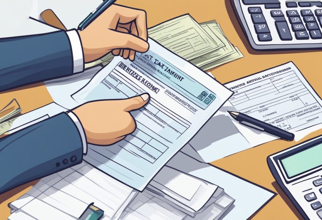 Person filling out a tax form with documents and calculator nearby.