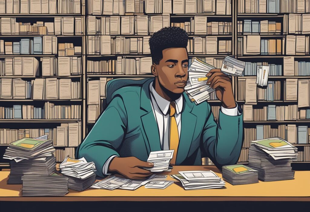 Man overwhelmed with paperwork at his desk in an office.