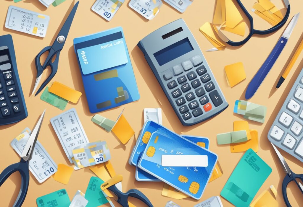 Credit cards and a calculator surrounded by stationery items on a desk.
