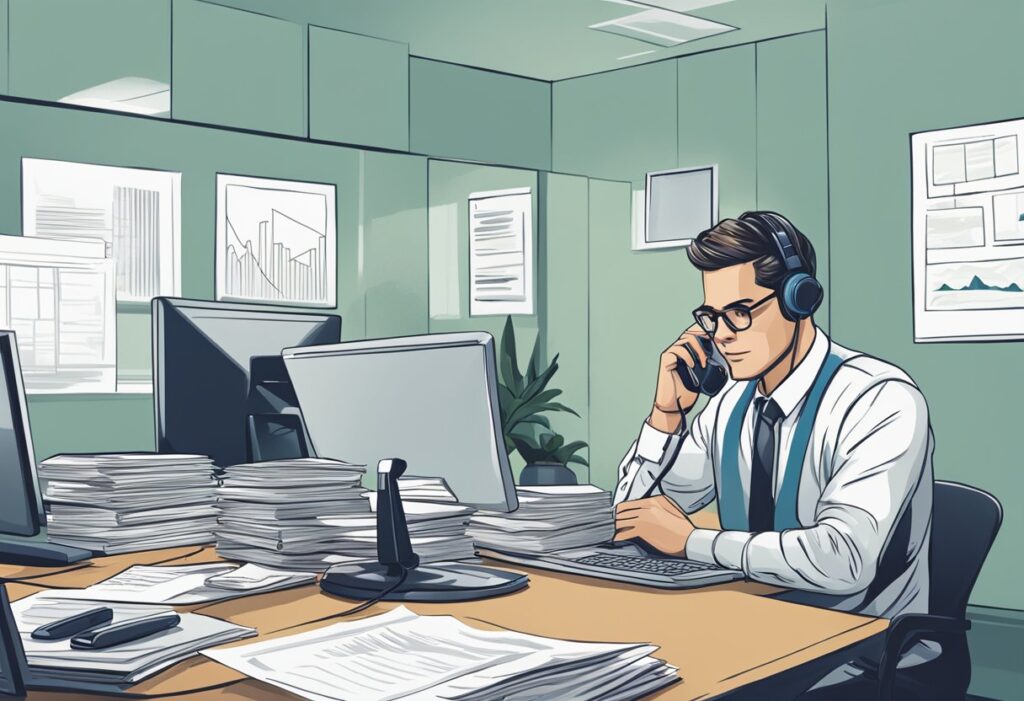 A man working at an office desk, talking on the phone with computer screens around.