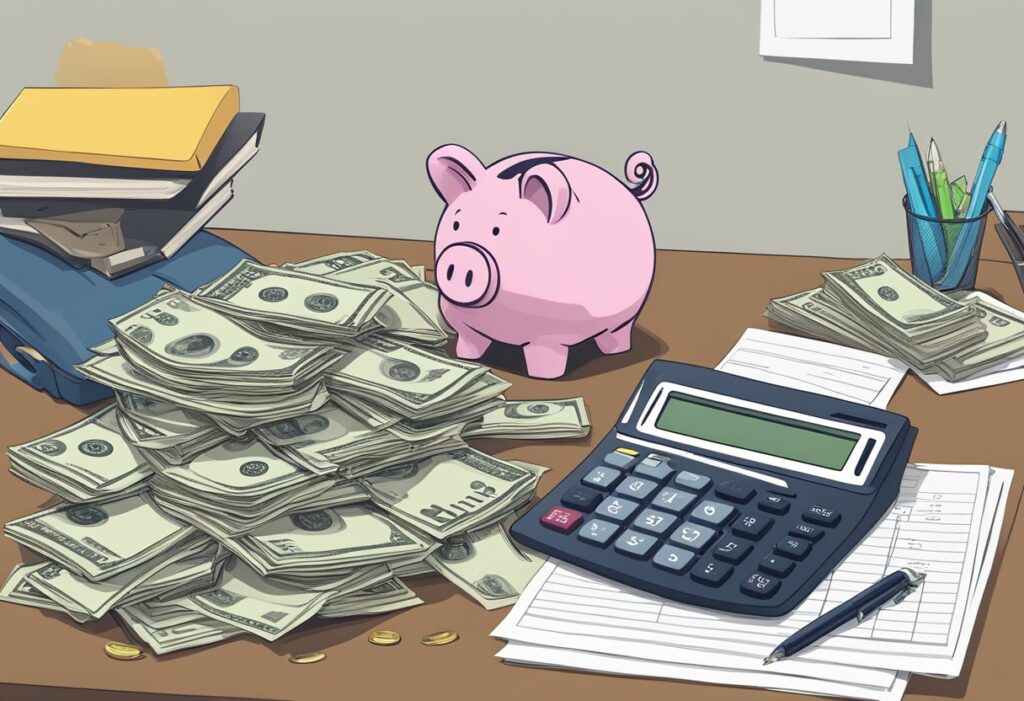 Piggy bank with cash and calculator on desk.