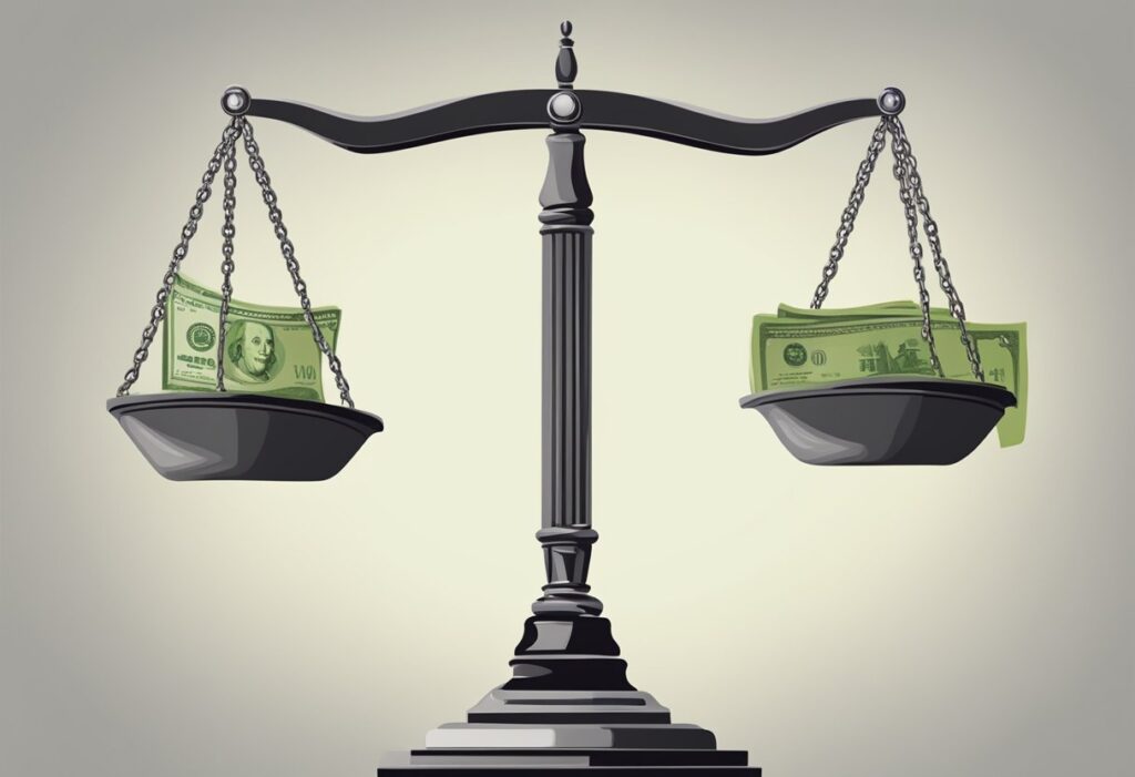 A balance scale with money on both sides, unevenly weighted.