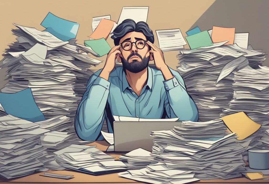 Stressed man overwhelmed by huge piles of paperwork.