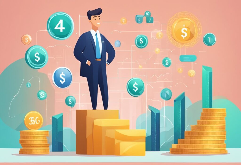 Businessman climbing financial steps toward success with money symbols.
