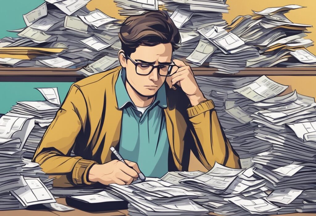 A stressed man overwhelmed by piles of paperwork at his desk.