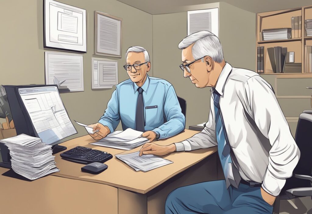 Two men discussing business documents in an office.