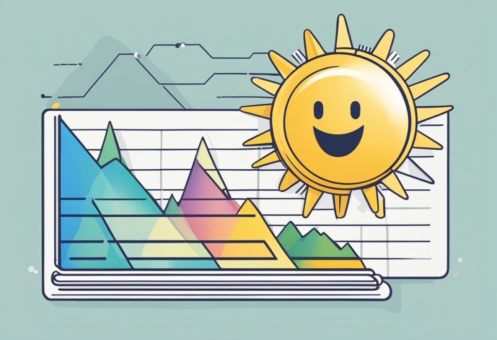 Colorful mountain chart with a smiling sun illustration.