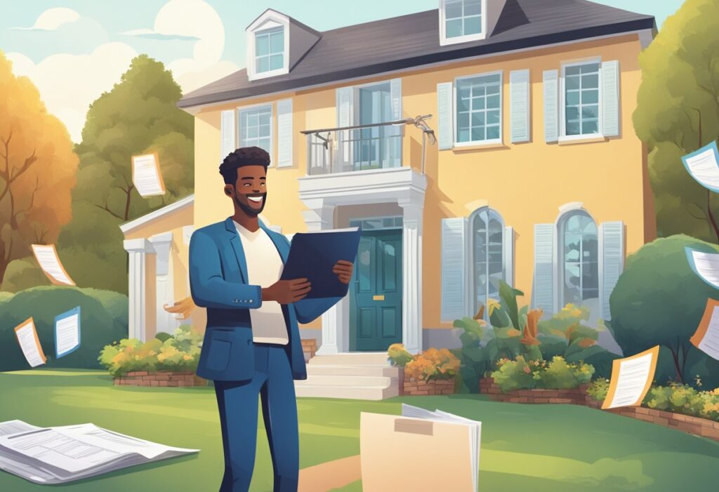 A man in a suit holding a clipboard outside a suburban house.
