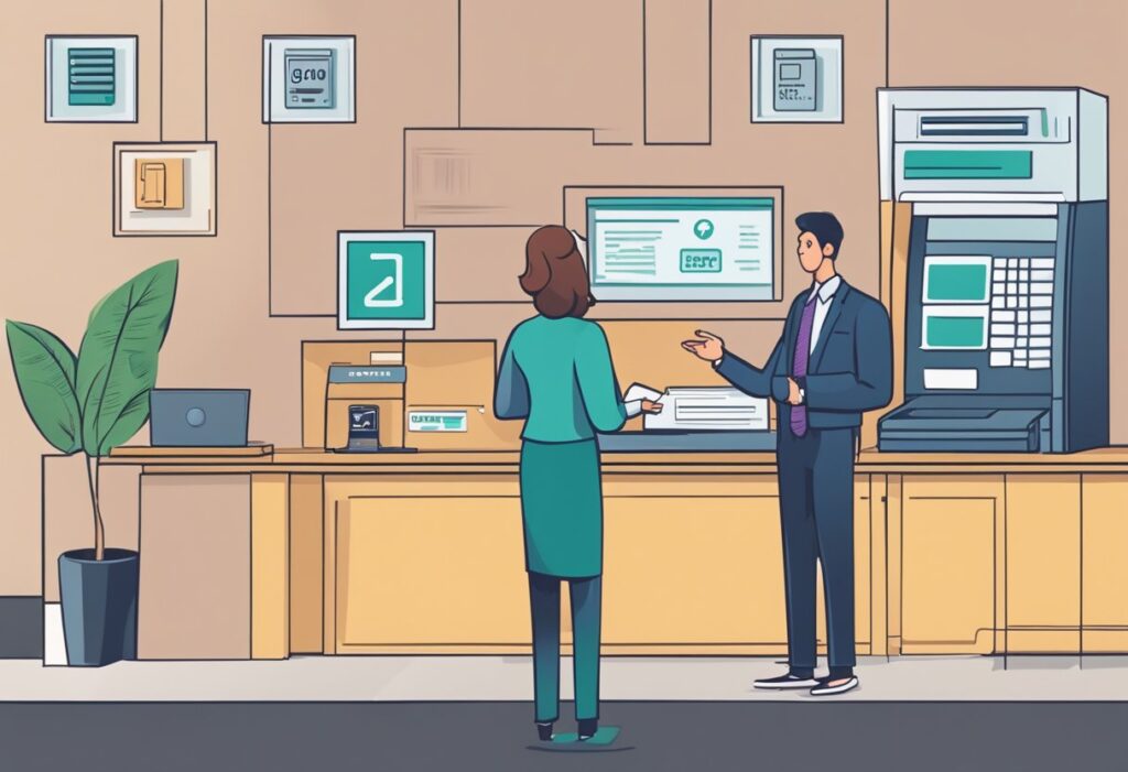 Two professionals discussing in an office environment.