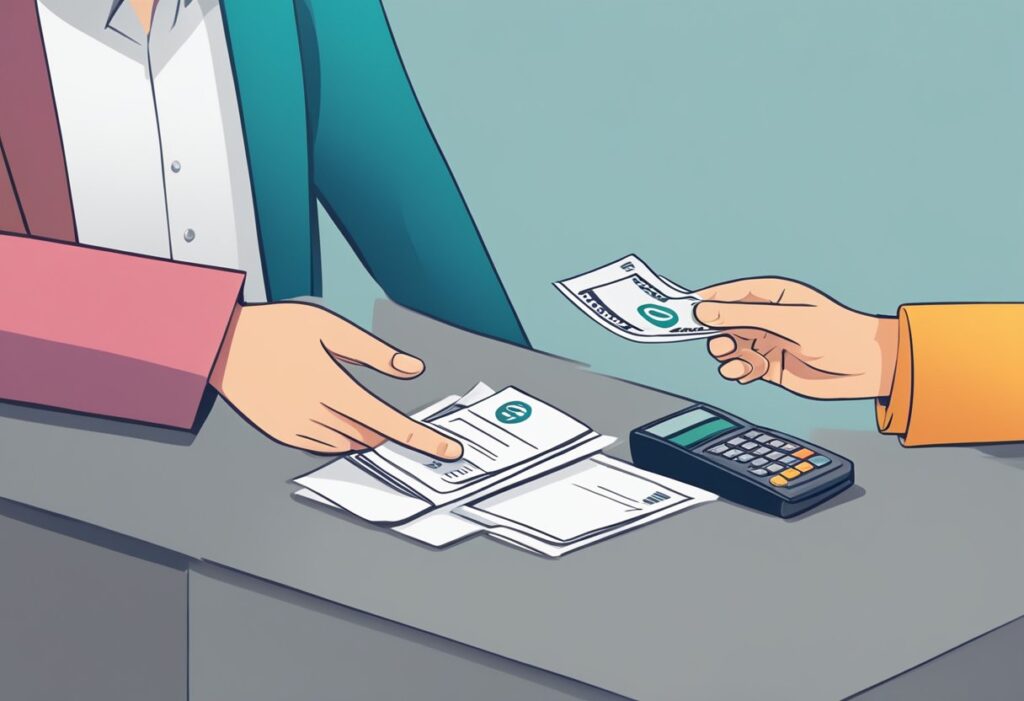 Person paying bills with cash and calculator on desk.