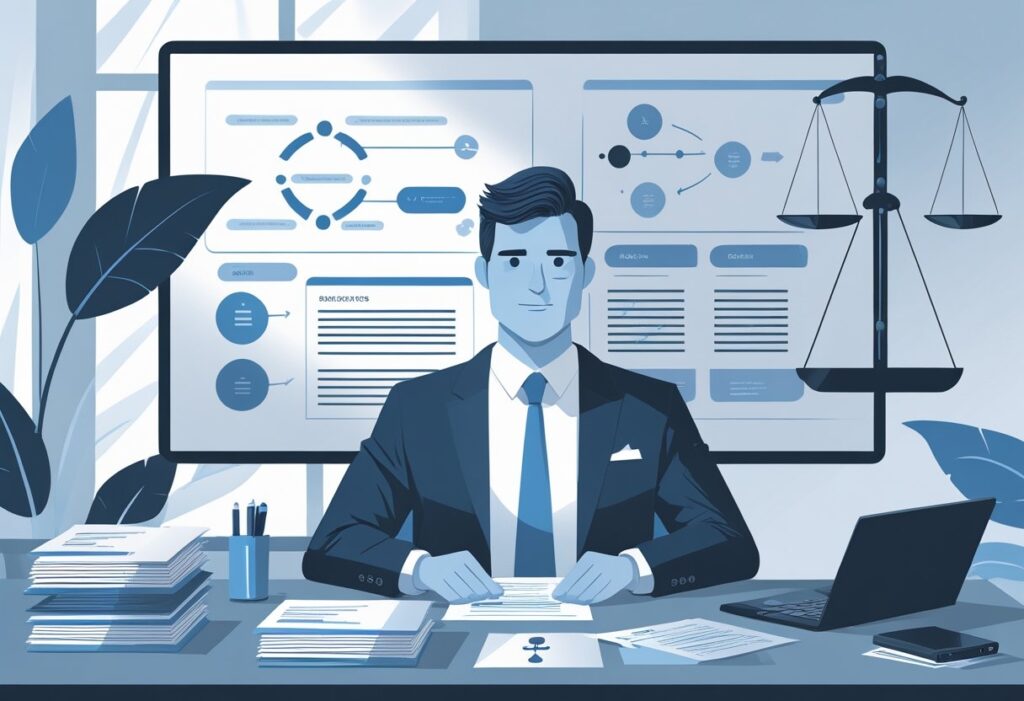A professional man in a suit sitting at a desk with documents and legal symbols around.