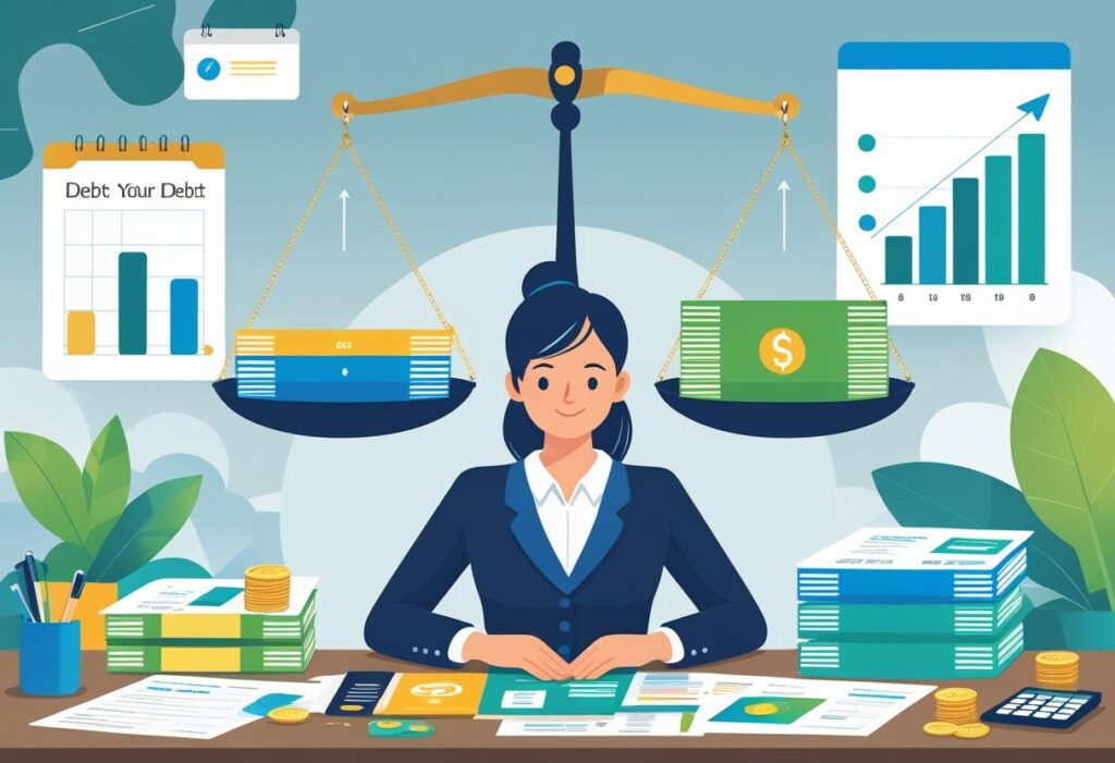 Businesswoman balancing scales with coins and cash representing financial decisions.