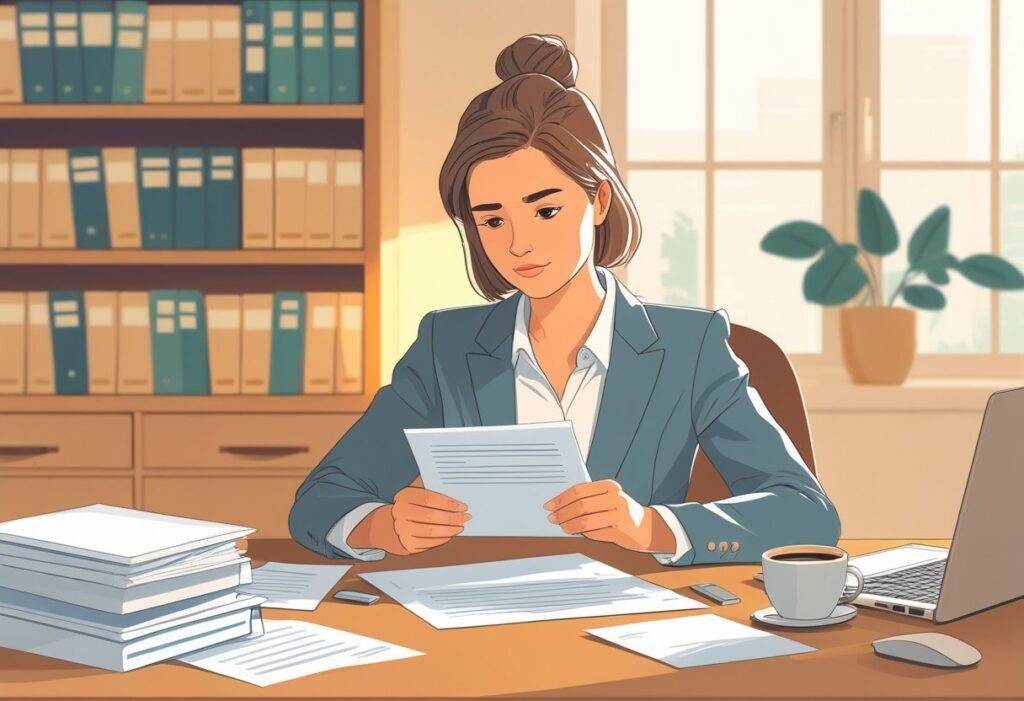 Woman focused on reading documents at a cluttered desk.