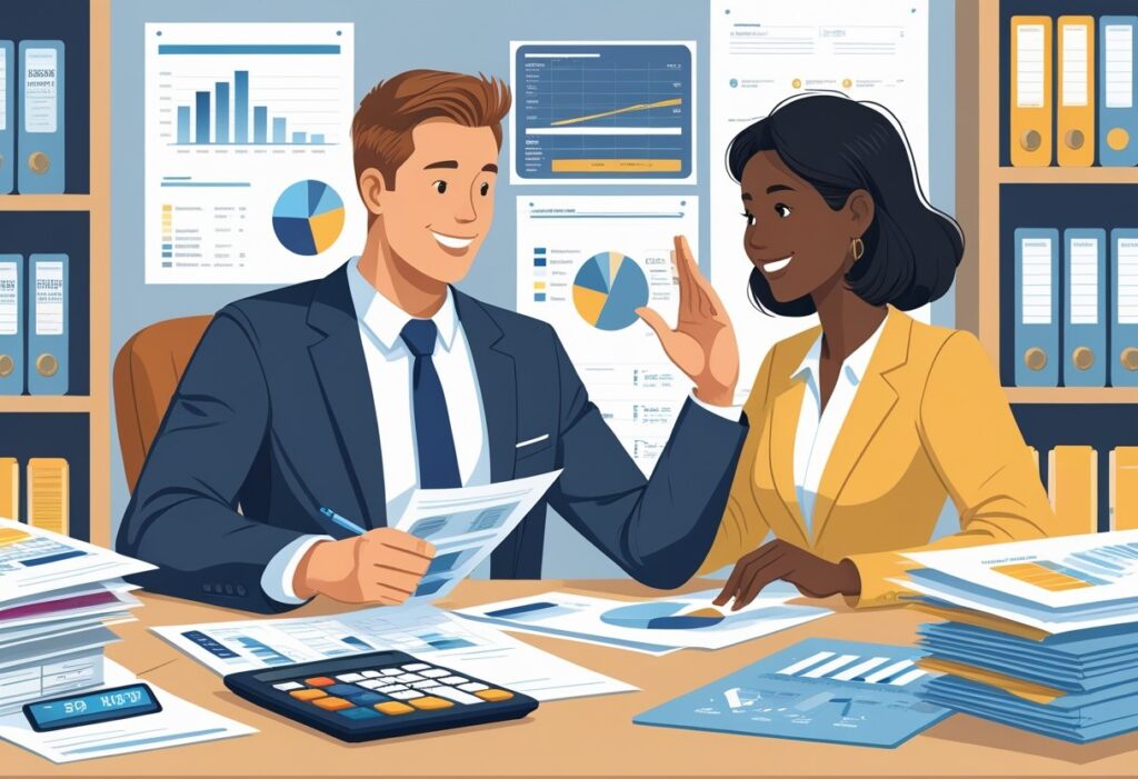Two professionals discussing data and charts in a business meeting.