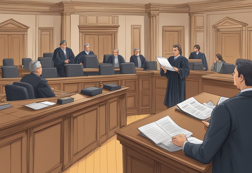 A courtroom scene with a lawyer presenting a case to judges.