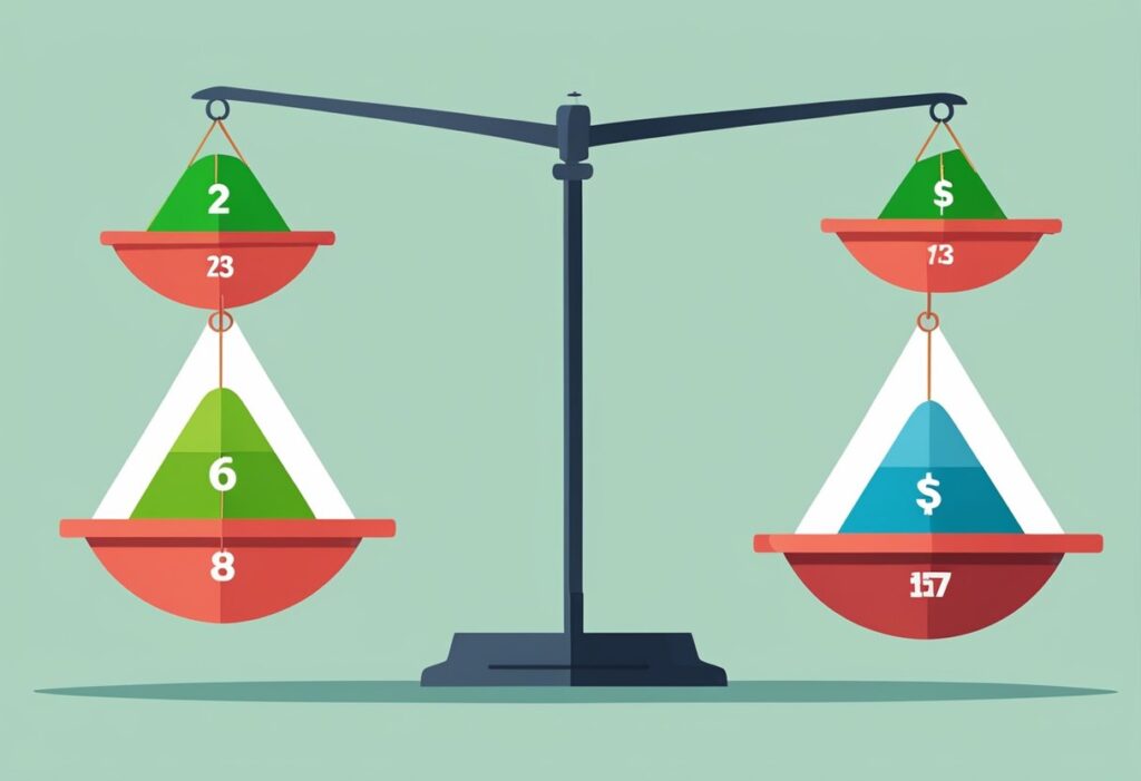 A balance scale comparing two sets of numbers, one side heavier.