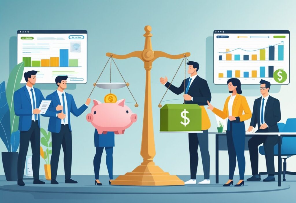 Businesspeople balancing finances with a piggy bank and cash on a scale.
