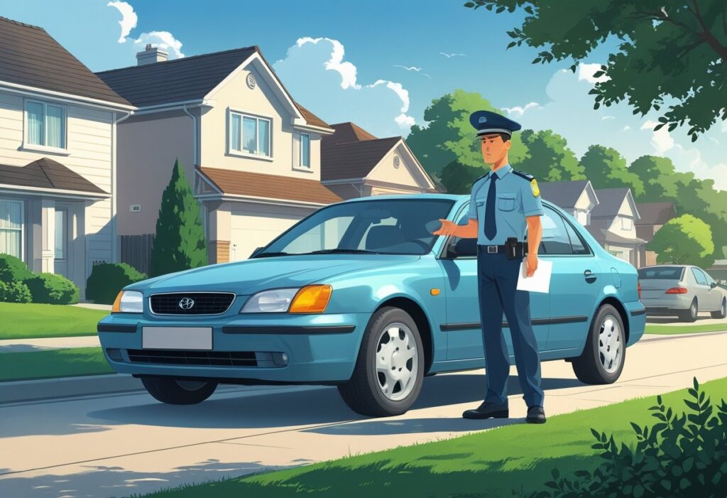 Police officer standing next to a blue car in a suburban neighborhood.