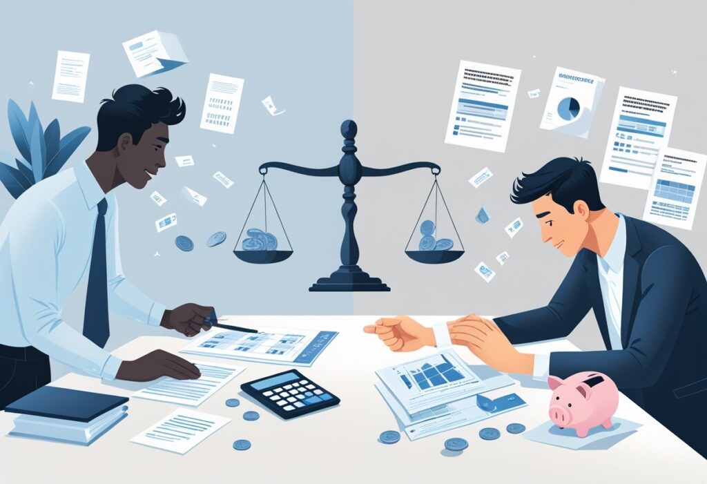 Two men analyzing financial documents with a balance scale symbolizing fairness.