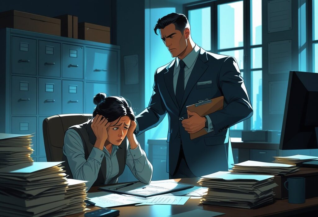 Stressed employee overwhelmed with paperwork as a manager supervises.