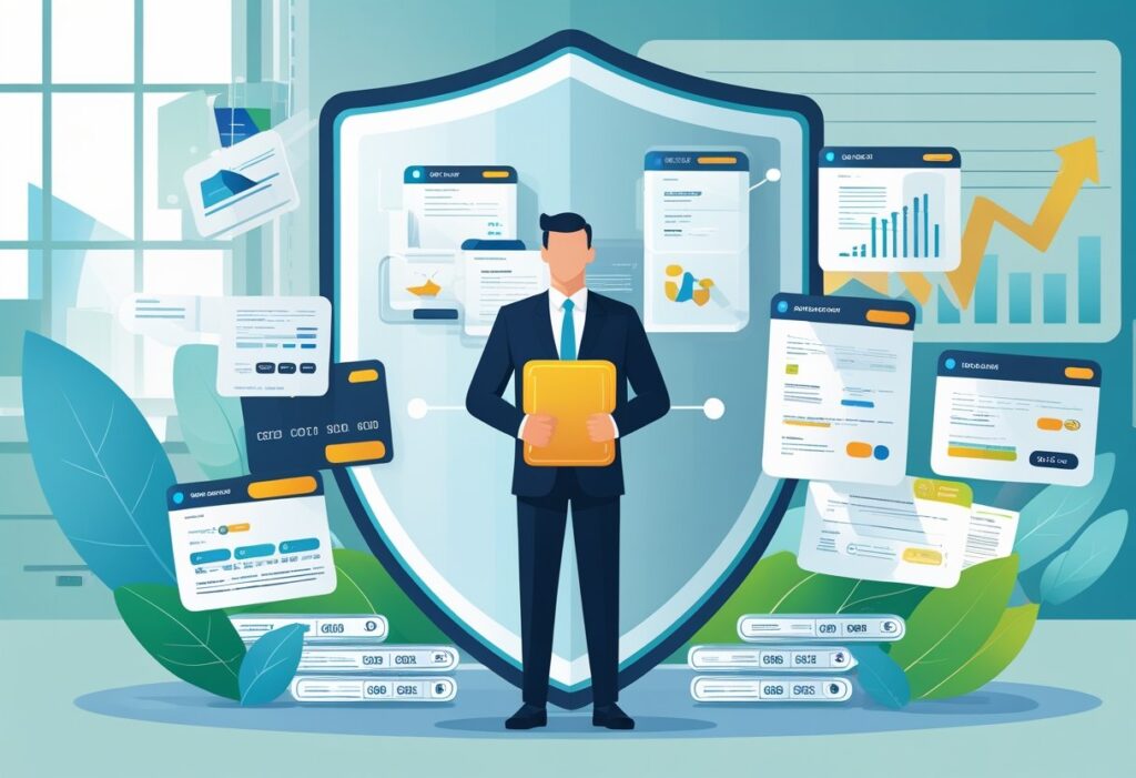 Businessman stands amid digital security and data protection icons.