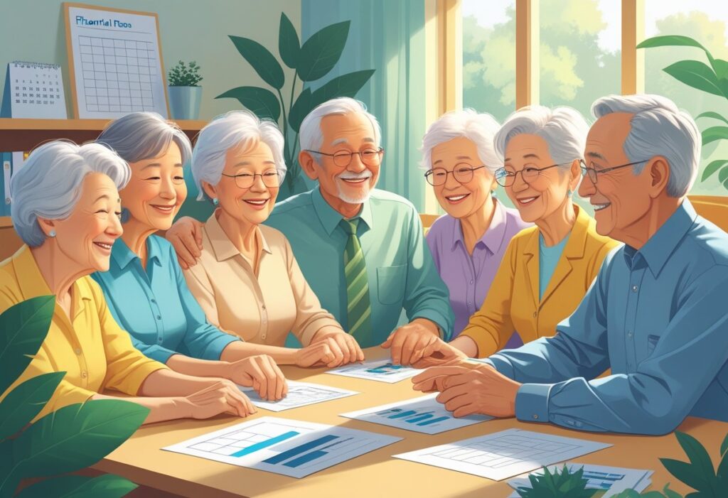 A group of elderly friends enjoying a lively discussion at a table.
