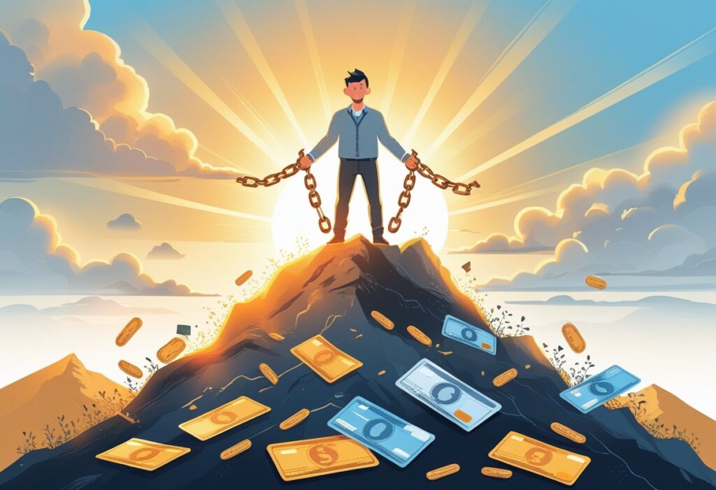 Man breaking free from chains atop a pile of money and gold.
