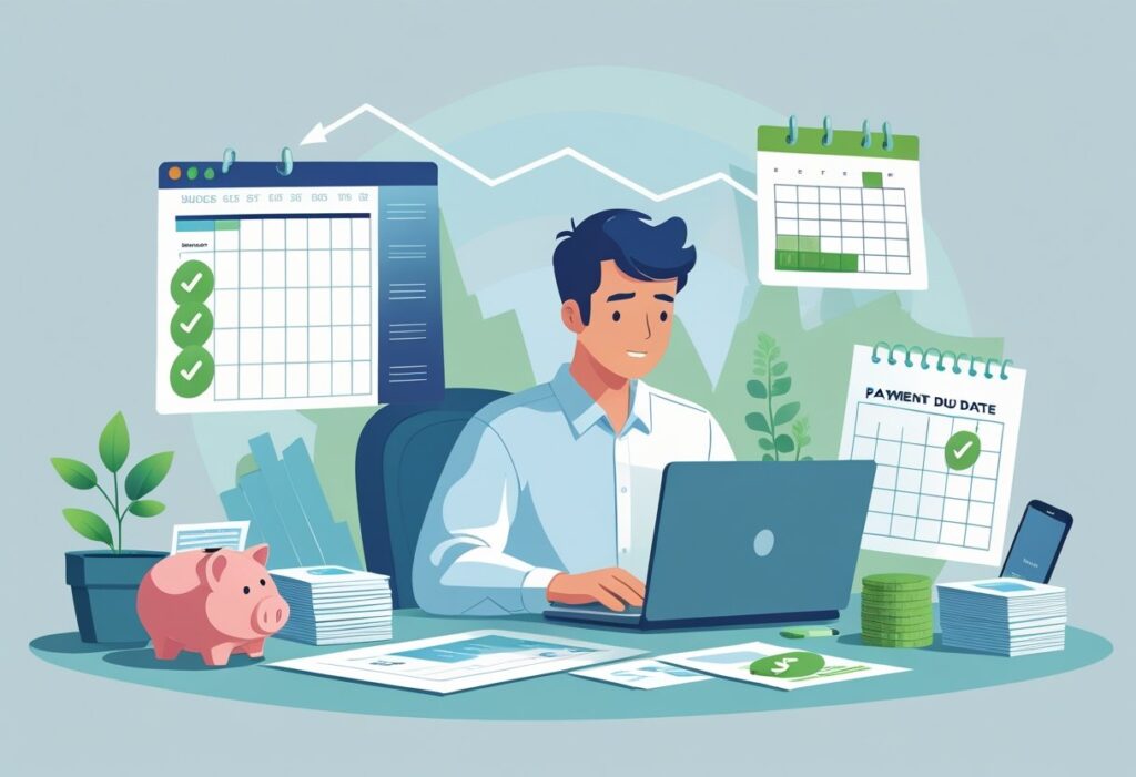 A man working on a laptop surrounded by financial charts and money.