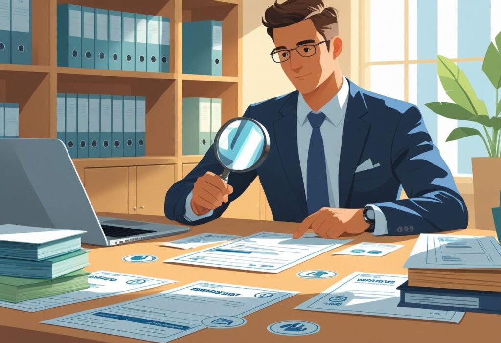 Detective analyzing evidence with magnifying glass in office.