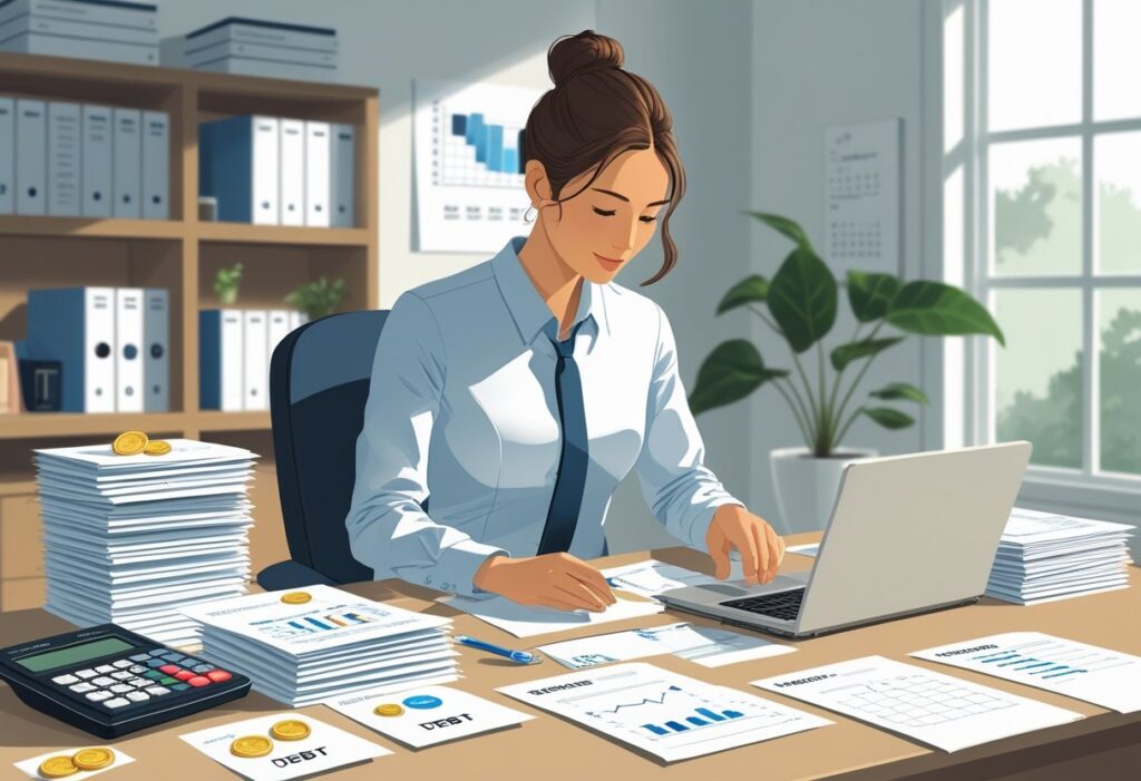 A professional woman reviewing financial charts and working on a laptop at her desk.