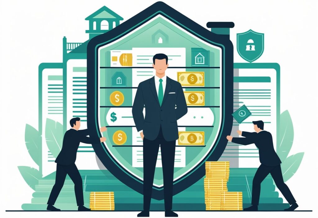 Businessman standing confidently with financial security shield and money symbols.