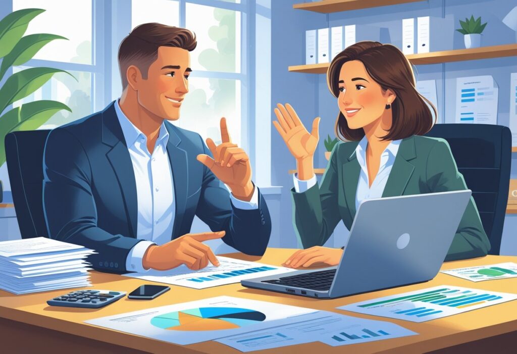 Two colleagues discussing work at a desk with documents and a laptop.
