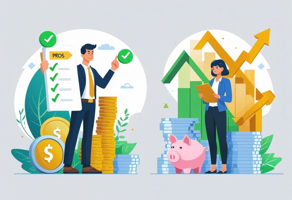 People managing finances with coins, piggy bank, and growth charts.