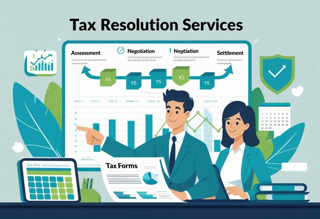 Professionals providing tax resolution services with digital tools.