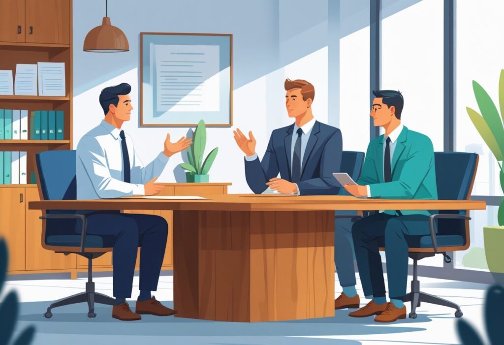 Three businessmen discussing around a conference table in a modern office.