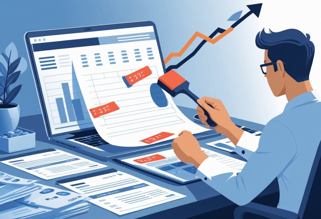 Person analyzing financial charts and reports on laptop and papers.