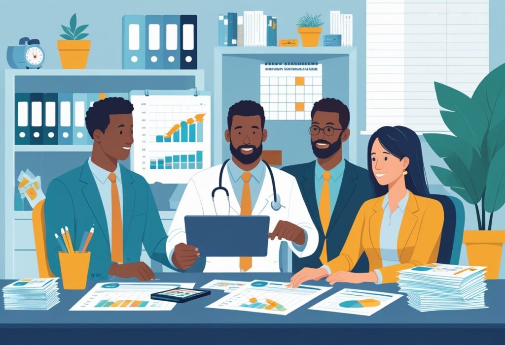 A diverse team of professionals collaborating in a modern office setting.