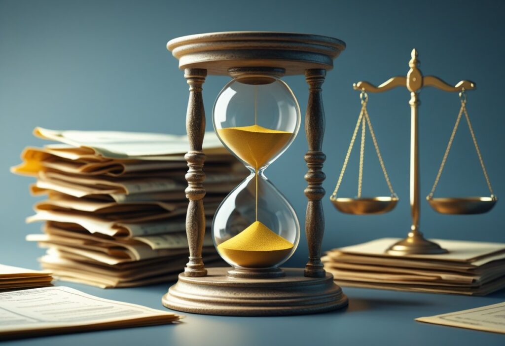 An hourglass with sand flowing, surrounded by legal documents and scales of justice.