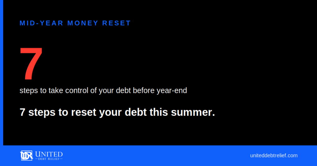 United Debt Relief blog hero graphic for the article "Mid-Year Money Reset: 7 Steps to Take Control of Debt in 2026".